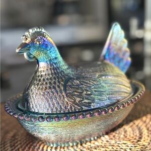 Indiana Glass Iridescent Hen on Nest 7" Nest Covered Dish Carnival Glass Vtg
